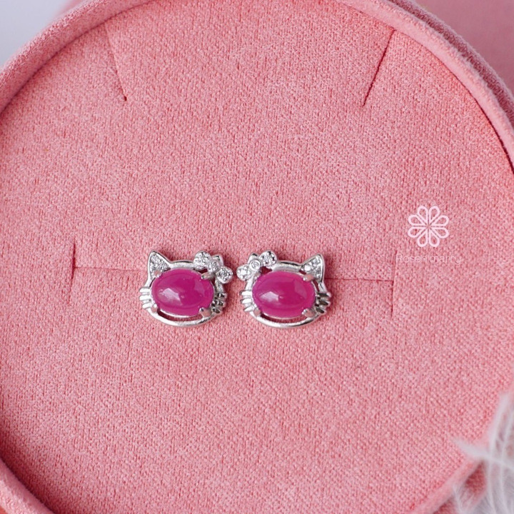 Genuine Ruby Cat Ear Stud Earrings | 925 Sterling Silver