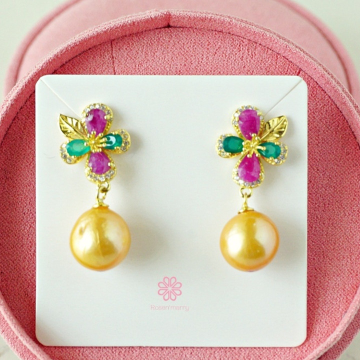 Boucles d'oreilles pendantes en argent sterling avec pierres précieuses - Quartz rose, rubis et agate