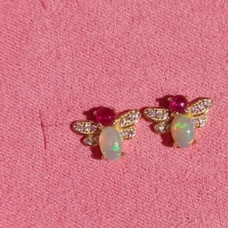 Opal and Ruby Sterling Silver Stud Earrings - Bring Good Fortune