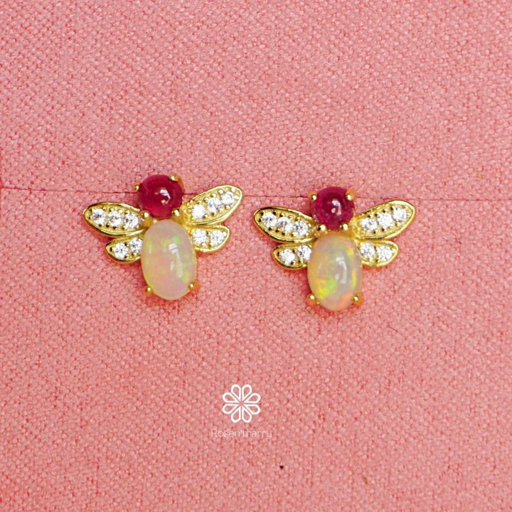 Opal and Ruby Sterling Silver Stud Earrings - Bring Good Fortune