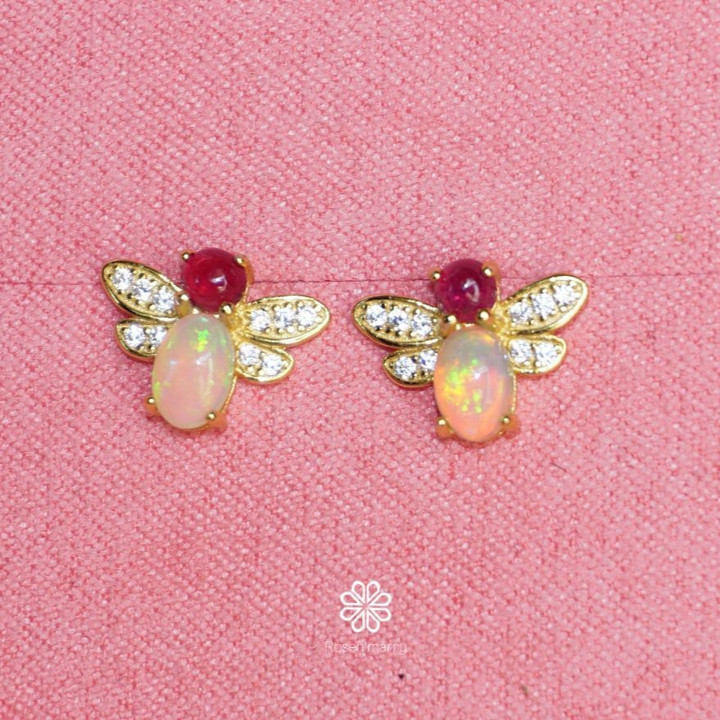 Opal and Ruby Sterling Silver Stud Earrings - Bring Good Fortune