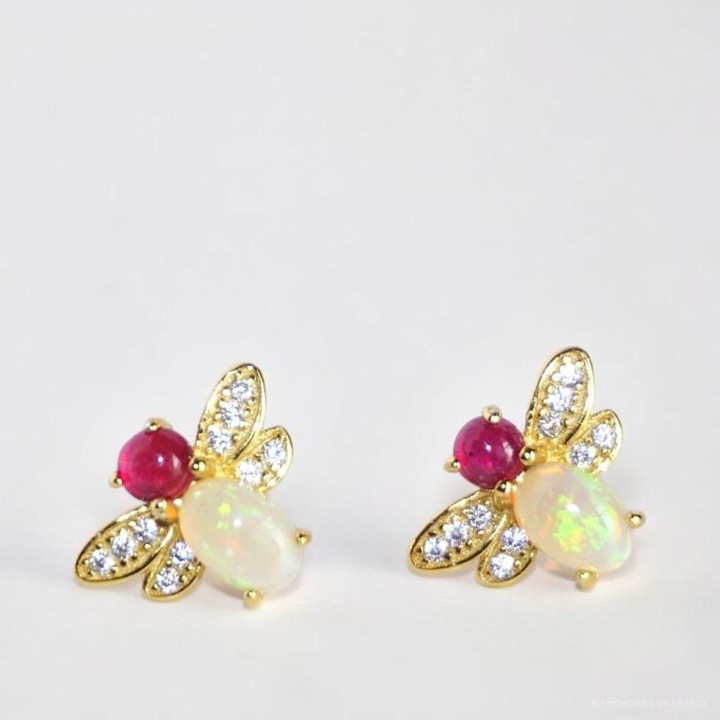 Opal and Ruby Sterling Silver Stud Earrings - Bring Good Fortune