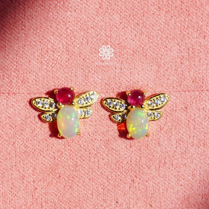 Opal and Ruby Sterling Silver Stud Earrings - Bring Good Fortune
