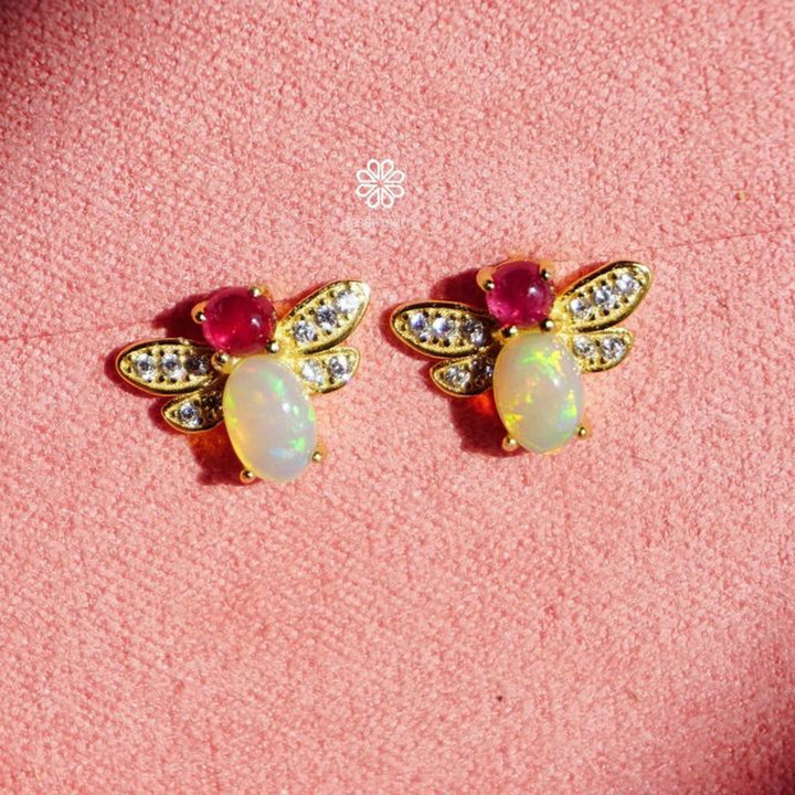 Opal and Ruby Sterling Silver Stud Earrings - Bring Good Fortune