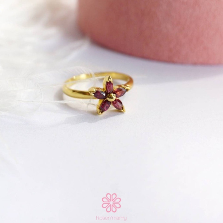 Rhodolith-Granat-Ring | Sterlingsilber, Blumendesign
