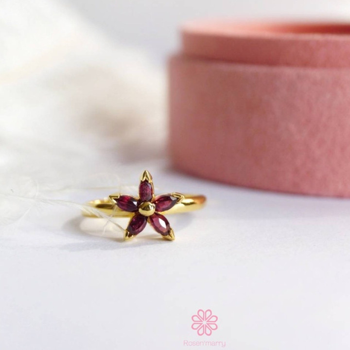 Rhodolith-Granat-Ring | Sterlingsilber, Blumendesign