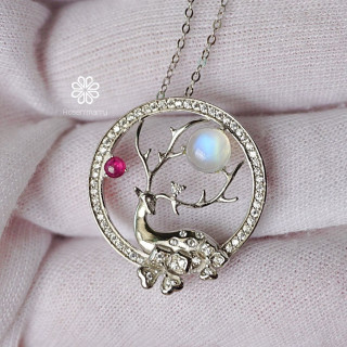 Blue Moonstone and Ruby Sterling Silver Necklace - Rosen'marry RN133