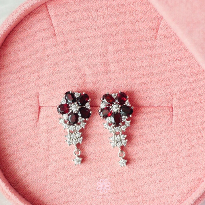Boucles d'oreilles en argent sterling et grenat - Bijou porte-bonheur