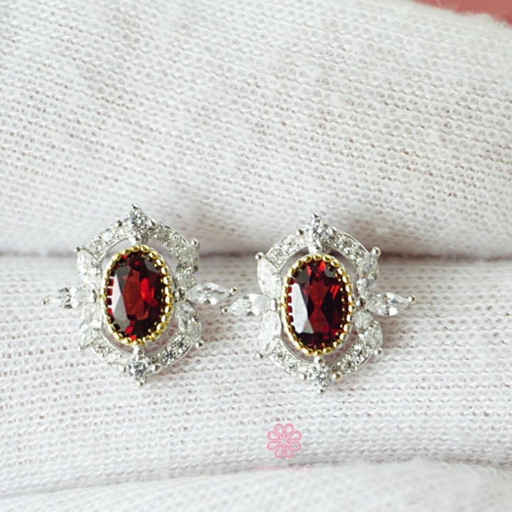 Boucles d'oreilles en grenat brut et diamants - Argent sterling, porte-bonheur