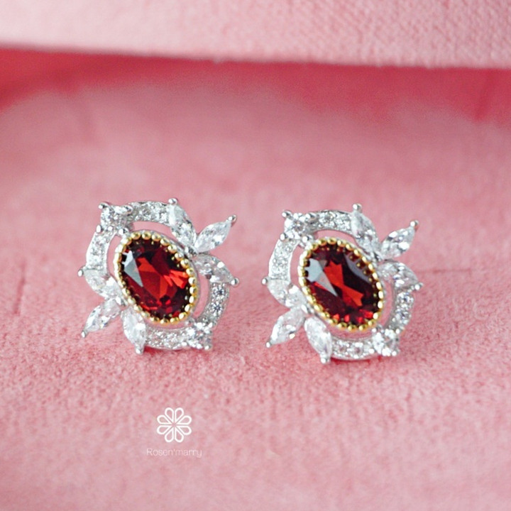 Boucles d'oreilles en grenat brut et diamants - Argent sterling, porte-bonheur
