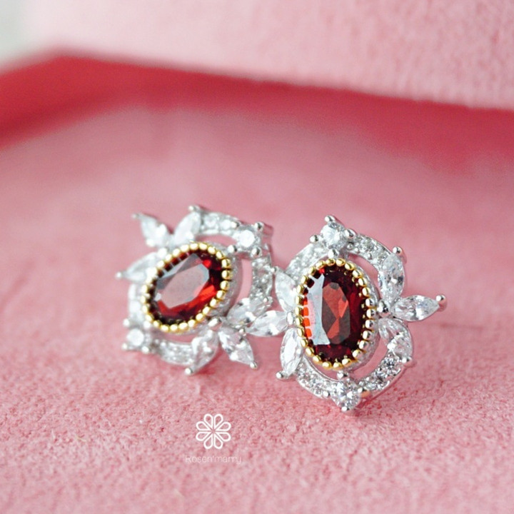 Boucles d'oreilles en grenat brut et diamants - Argent sterling, porte-bonheur
