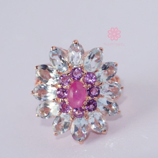 Elegant 8ct Topaz, Amethyst and Ruby Ring in Sterling Silver