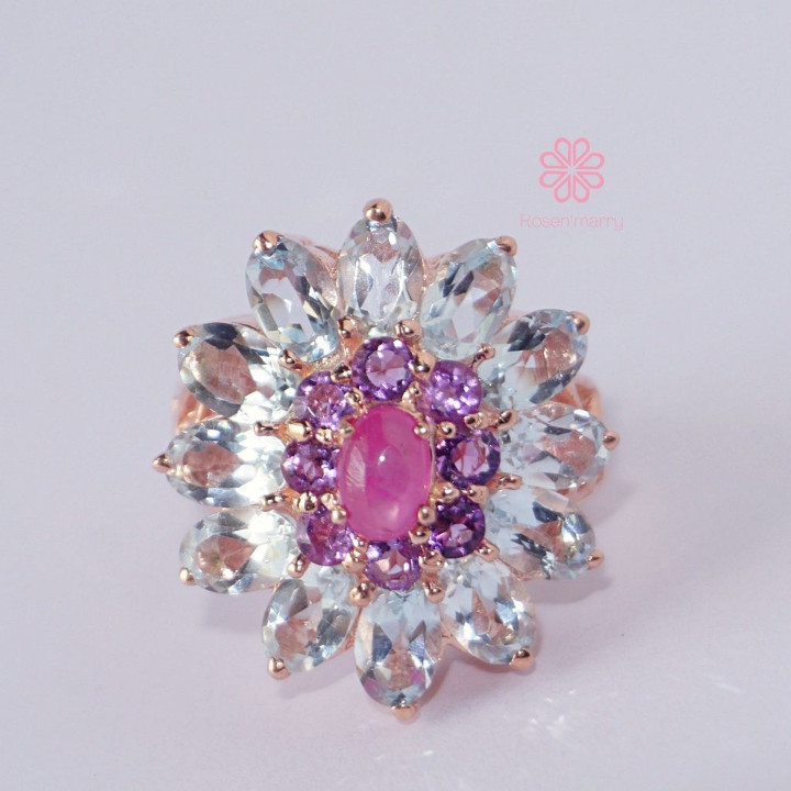 Elegant 8ct Topaz, Amethyst and Ruby Ring in Sterling Silver