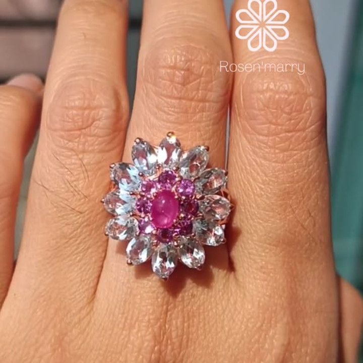 Elegant 8ct Topaz, Amethyst and Ruby Ring in Sterling Silver