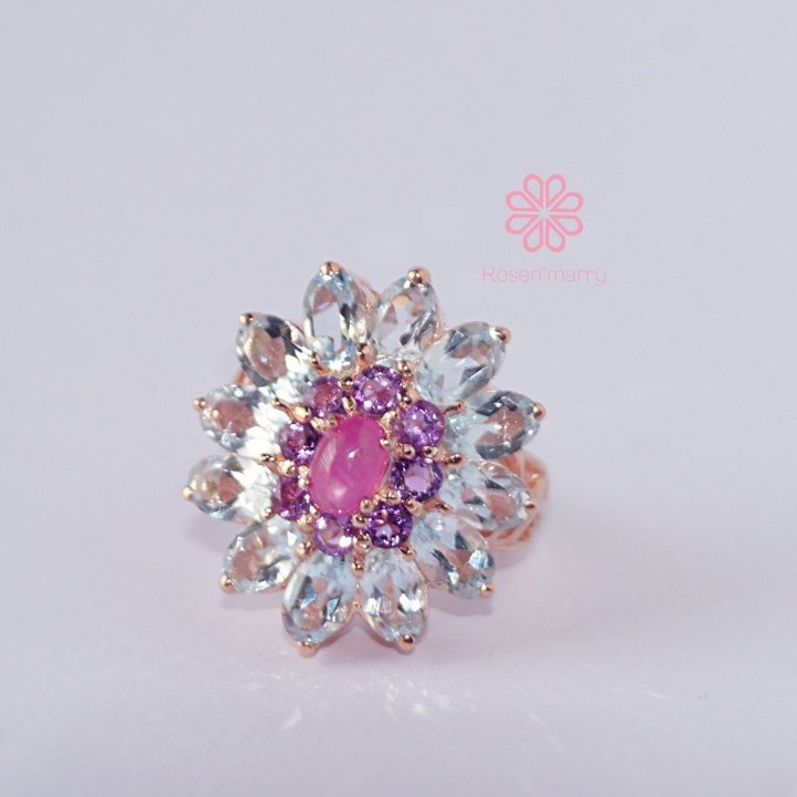 Elegant 8ct Topaz, Amethyst and Ruby Ring in Sterling Silver