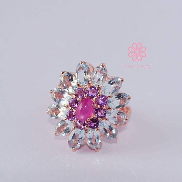 Elegant 8ct Topaz, Amethyst and Ruby Ring in Sterling Silver