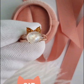 Rainbow Moonstone and Citrine Cat Ring | 925 Sterling Silver