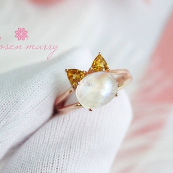 Rainbow Moonstone and Citrine Cat Ring | 925 Sterling Silver