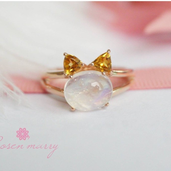 Rainbow Moonstone and Citrine Cat Ring | 925 Sterling Silver