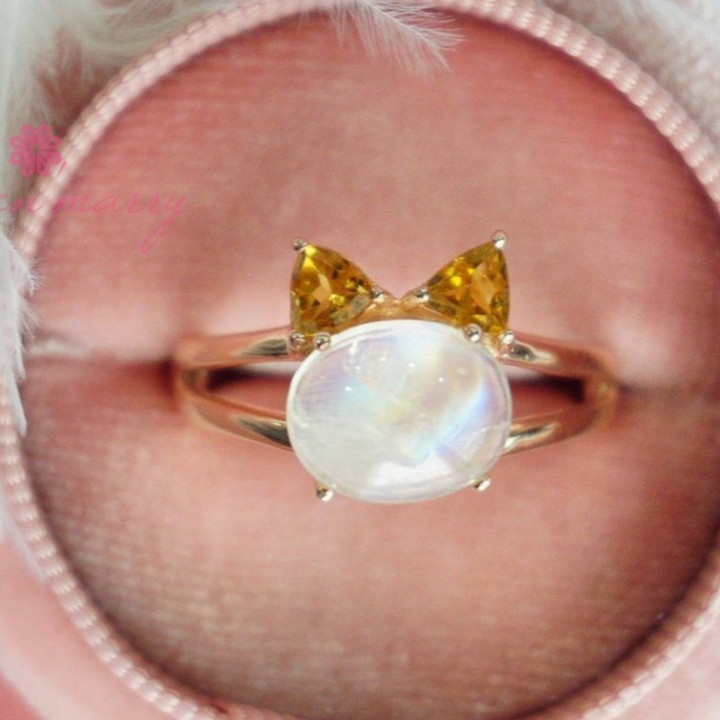 Rainbow Moonstone and Citrine Cat Ring | 925 Sterling Silver