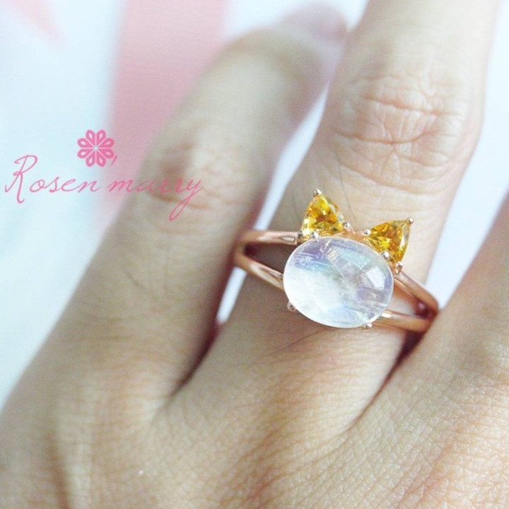 Rainbow Moonstone and Citrine Cat Ring | 925 Sterling Silver