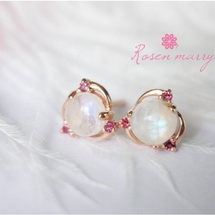 Blue Moonstone and Rhodolite Earrings in Sterling Silver