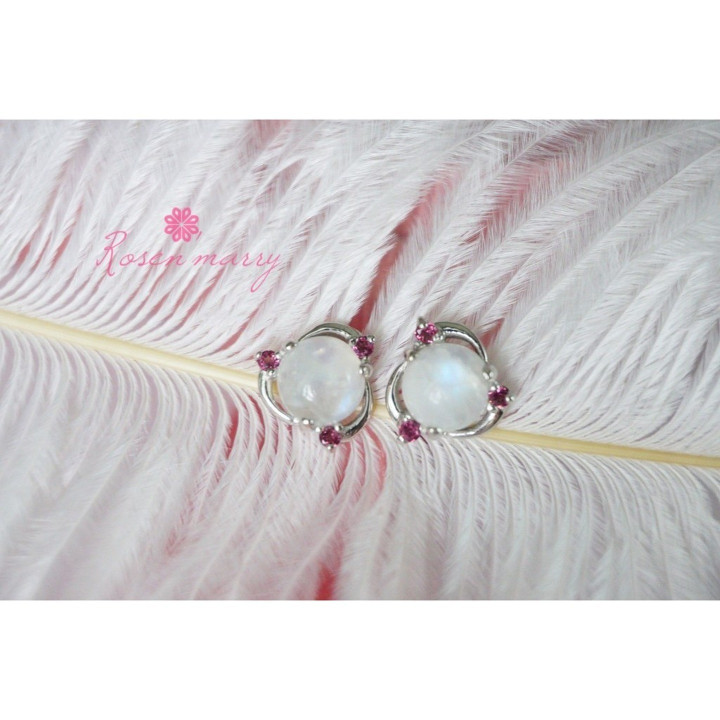 Blue Moonstone and Rhodolite Earrings in Sterling Silver