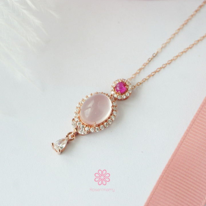 Rose Quartz and Ruby Necklace | 925 Silver, Pink Gold Plated