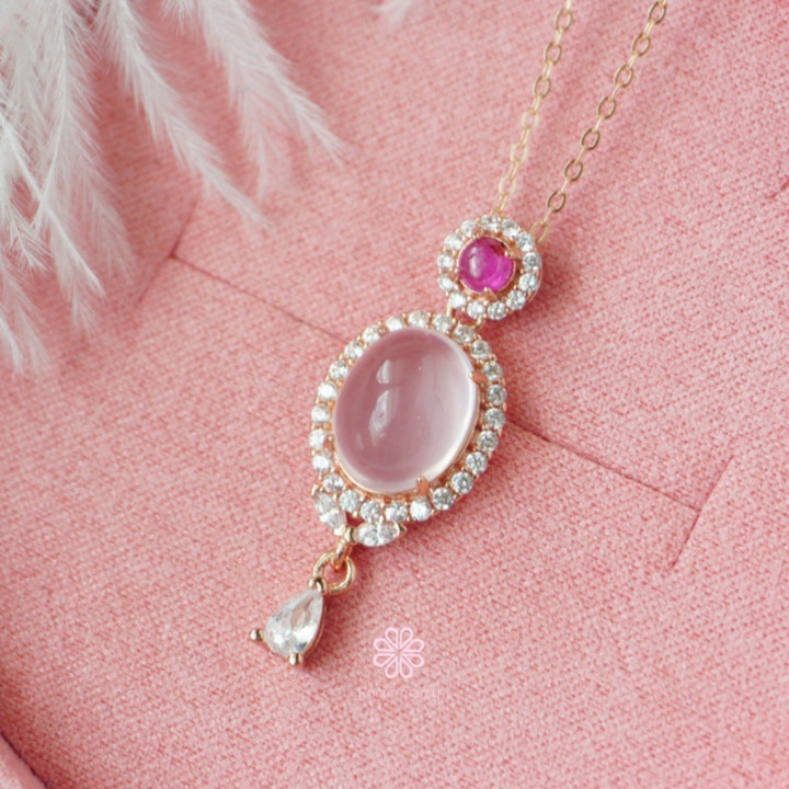 Rose Quartz and Ruby Necklace | 925 Silver, Pink Gold Plated
