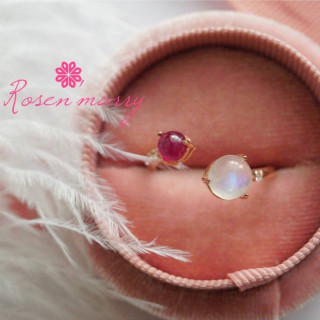Moonstone and Ruby Ring | Sterling Silver, Pink Gold Plating