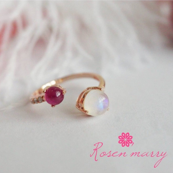 Moonstone and Ruby Ring | Sterling Silver, Pink Gold Plating