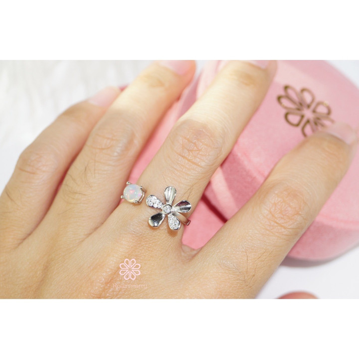 Sterling Silver Opal Ring - Good Fortune Flower Design