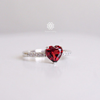 Raw Garnet Heart Ring | 925 Sterling Silver, White Gold Plated