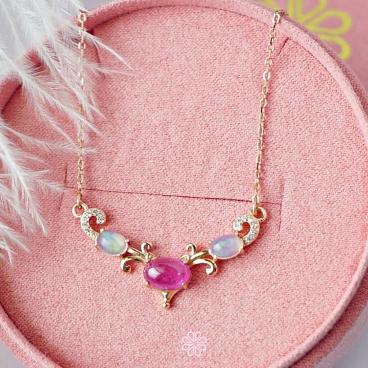 Genuine Ruby and Opal Sterling Silver Necklace