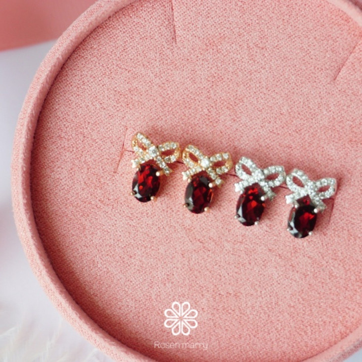 Boucles d'oreilles nœud en argent sterling et grenat - Bijou porte-bonheur