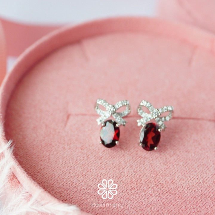 Boucles d'oreilles nœud en argent sterling et grenat - Bijou porte-bonheur