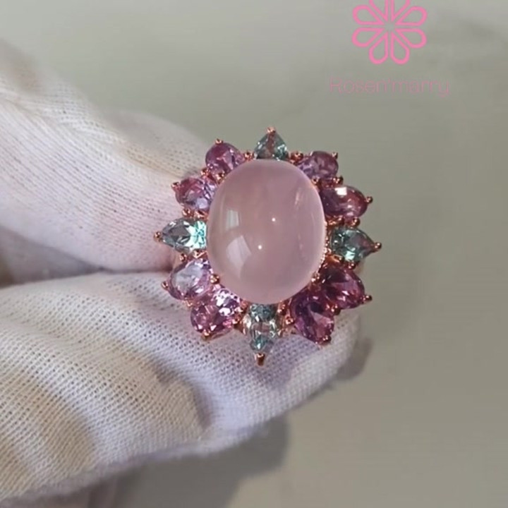 Ring mit strahlender Rose und Topas | Sterlingsilber, weißvergoldet