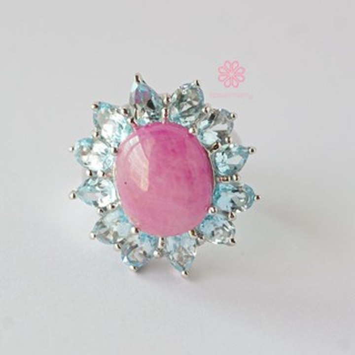Ring mit strahlender Rose und Topas | Sterlingsilber, weißvergoldet