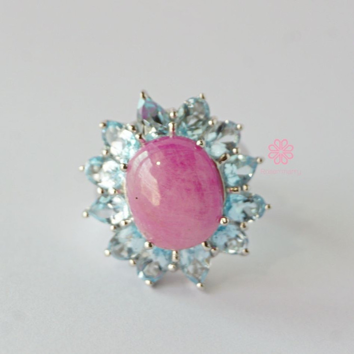 Ring mit strahlender Rose und Topas | Sterlingsilber, weißvergoldet