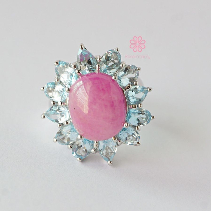 Ring mit strahlender Rose und Topas | Sterlingsilber, weißvergoldet