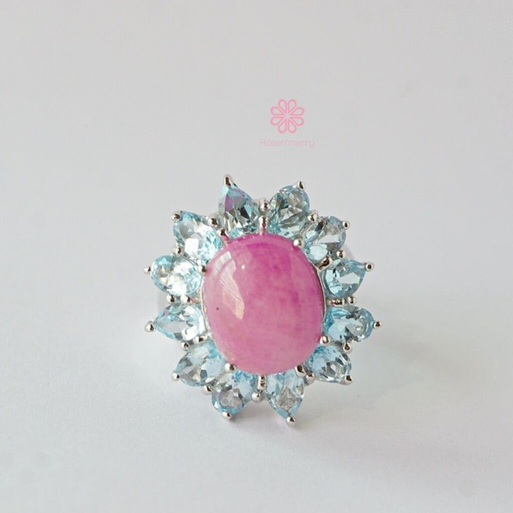 Ring mit strahlender Rose und Topas | Sterlingsilber, weißvergoldet