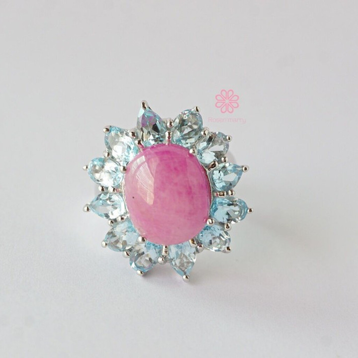 Ring mit strahlender Rose und Topas | Sterlingsilber, weißvergoldet