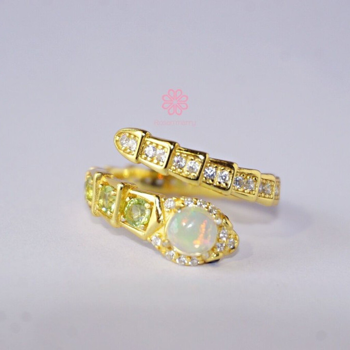 Opal and Peridot Snake Ring | 925 Sterling Silver | Adjustable