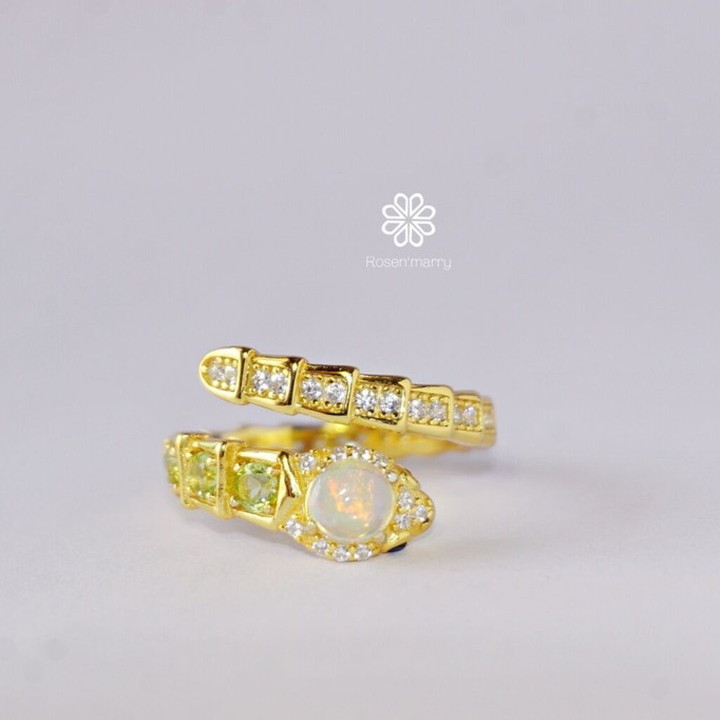 Opal and Peridot Snake Ring | 925 Sterling Silver | Adjustable