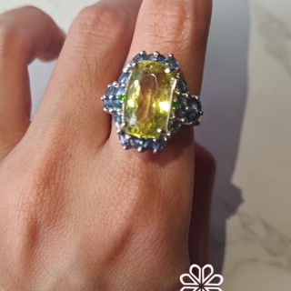 Lemon Quartz and Sapphire Ring | 9ct Sterling Silver Size 60