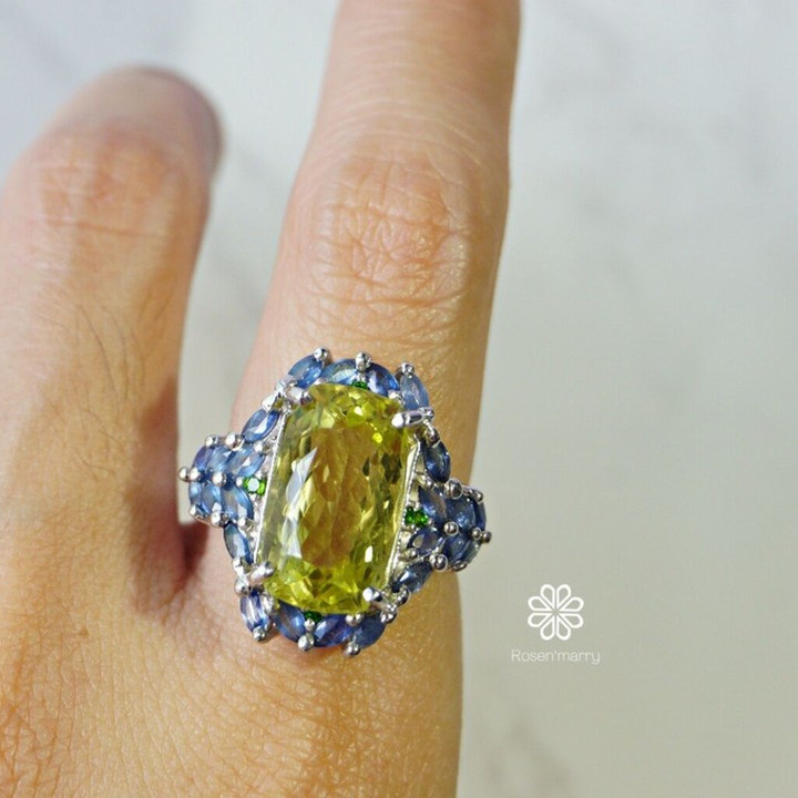 Lemon Quartz and Sapphire Ring | 9ct Sterling Silver Size 60