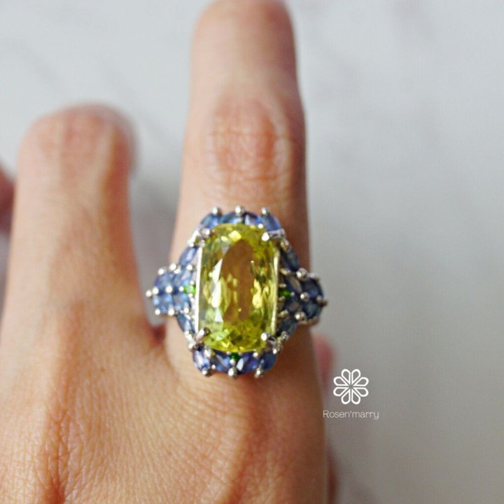 Lemon Quartz and Sapphire Ring | 9ct Sterling Silver Size 60