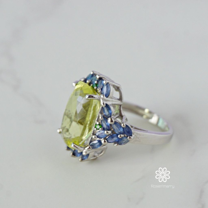 Lemon Quartz and Sapphire Ring | 9ct Sterling Silver Size 60