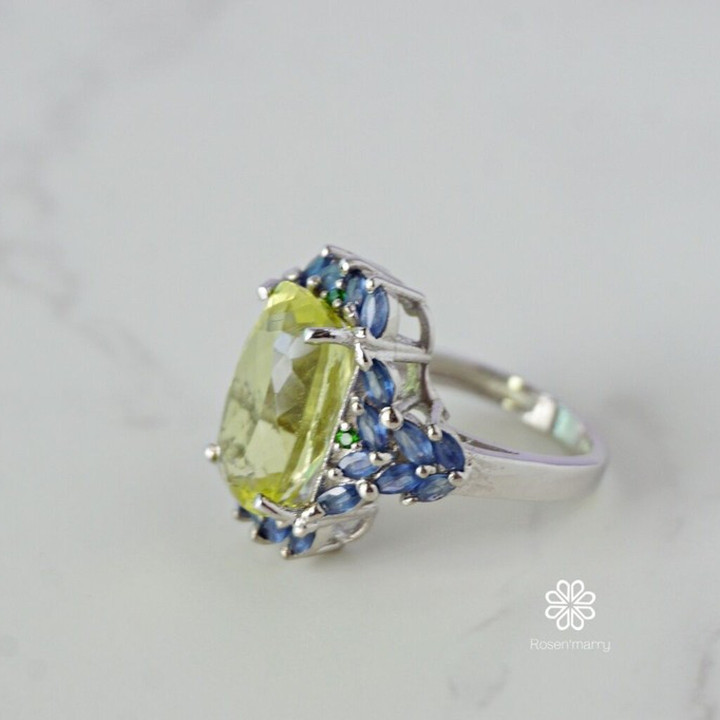Lemon Quartz and Sapphire Ring | 9ct Sterling Silver Size 60
