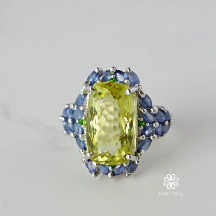 Lemon Quartz and Sapphire Ring | 9ct Sterling Silver Size 60